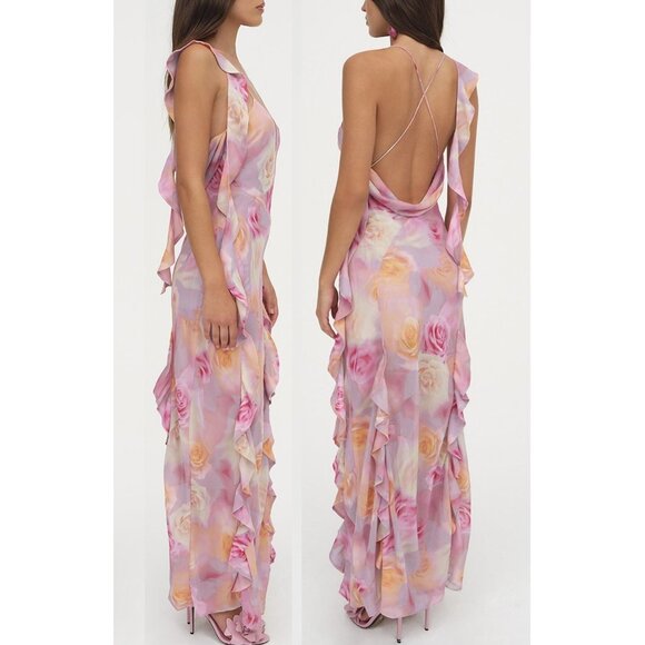 FOR LOVE AND LEMONS BEATE RUFFLE PINK MAXI DRESS IN BLURRED ROSE PRINT S - Picture 2 of 9